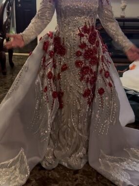 Embellished Silver Gown with Red Floral Appliqué